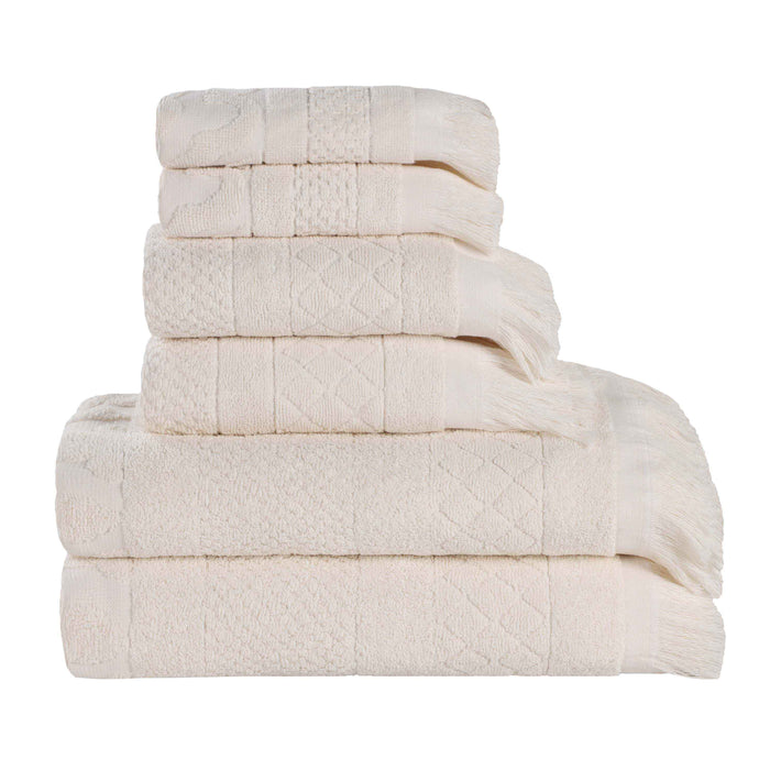 Rolla Cotton Geometric Jacquard Plush Soft Absorbent 6 Piece Towel Set - Ivory