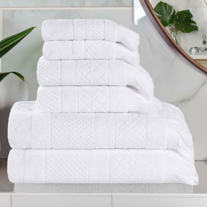 Rolla Cotton Geometric Jacquard Plush Soft Absorbent 6 Piece Towel Set - White
