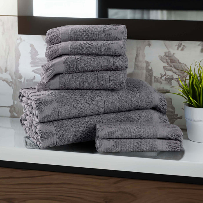 Rolla Cotton Geometric Jacquard Plush Soft Absorbent 8 Piece Towel Set - Gray
