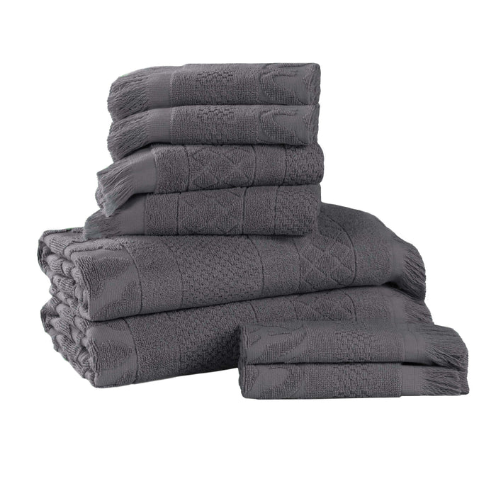 Rolla Cotton Geometric Jacquard Plush Soft Absorbent 8 Piece Towel Set - Gray