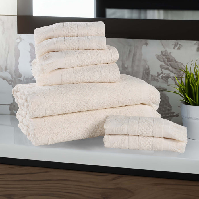 Rolla Cotton Geometric Jacquard Plush Soft Absorbent 8 Piece Towel Set - Ivory