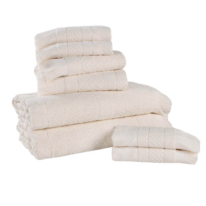 Rolla Cotton Geometric Jacquard Plush Soft Absorbent 8 Piece Towel Set - Ivory