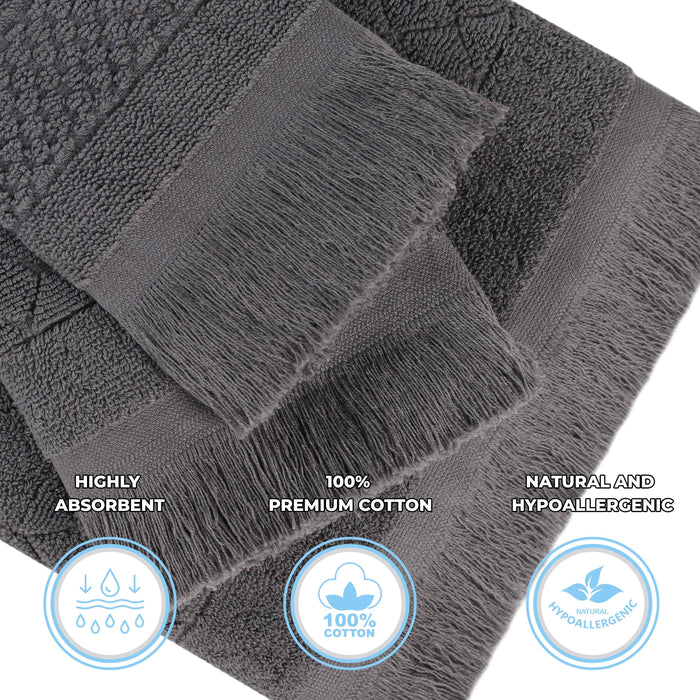 Rolla Cotton Geometric Jacquard Plush Soft Absorbent 9 Piece Towel Set - Gray