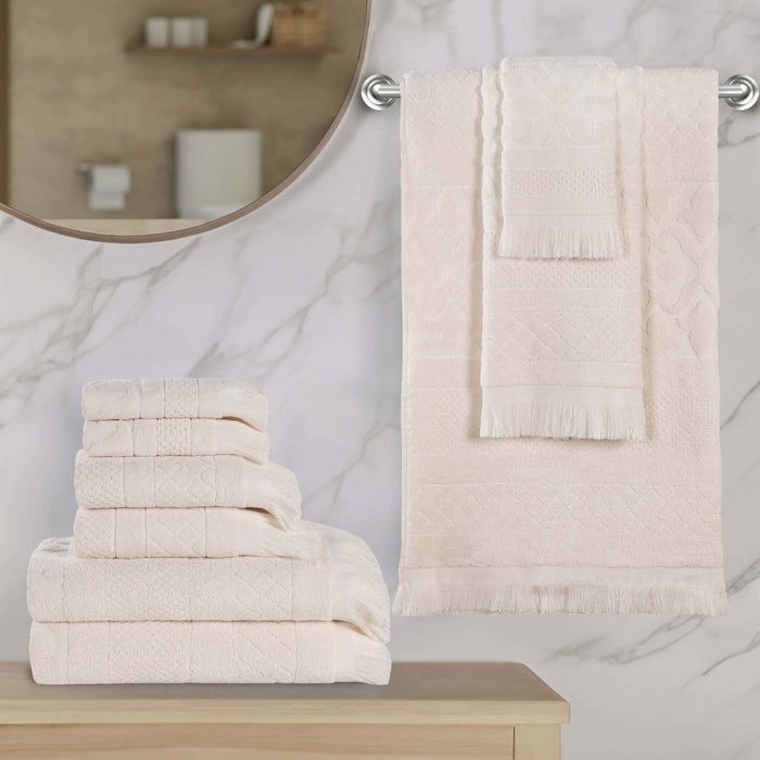 Rolla Cotton Geometric Jacquard Plush Soft Absorbent 9 Piece Towel Set - Ivory