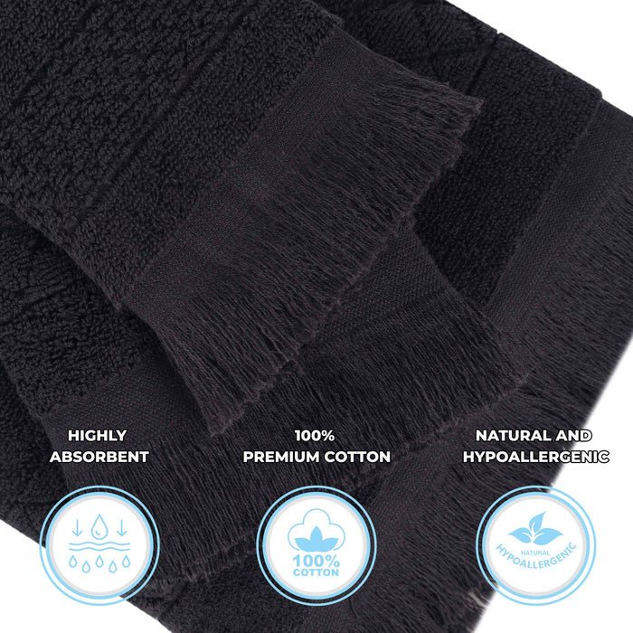 Rolla Cotton Geometric Jacquard Plush Absorbent Bath Towel Set of 3 - Black