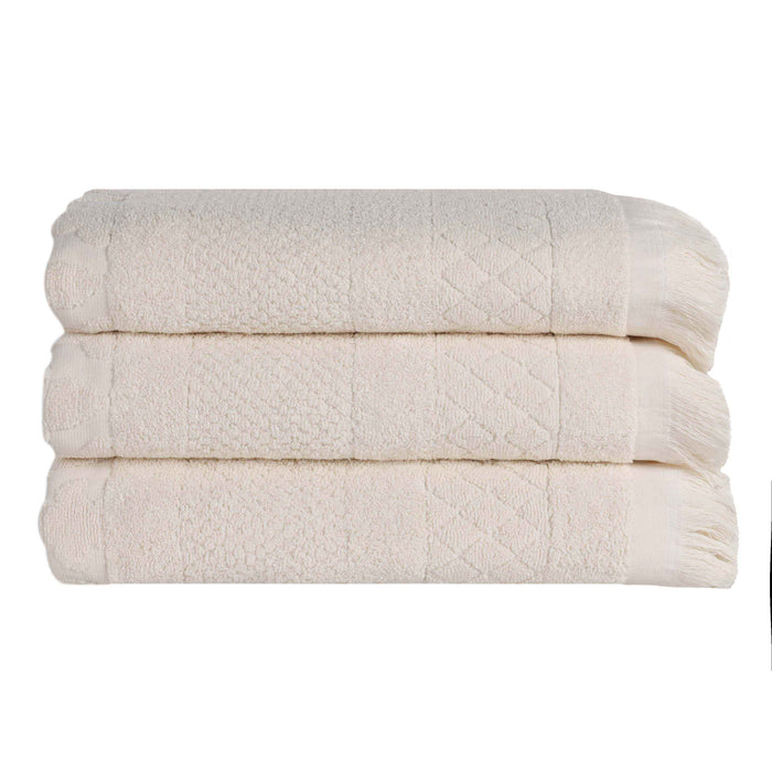 Rolla Cotton Geometric Jacquard Plush Absorbent Bath Towel Set of 3 - Ivory