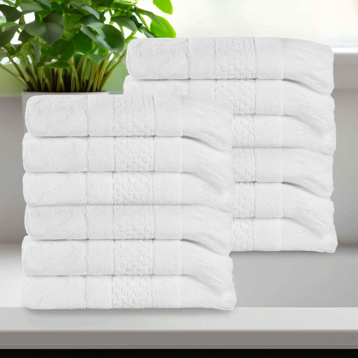 Rolla Cotton Geometric Jacquard Plush Face Towel Washcloth Set of 12 - White