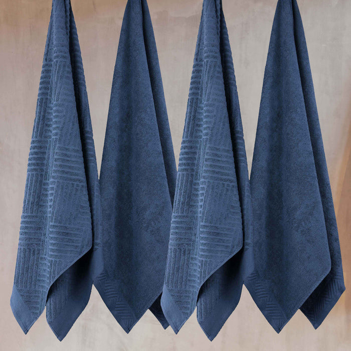 Basketweave Egyptian Cotton Jacquard and Solid Bath Towel Set of 4 - Royal Blue