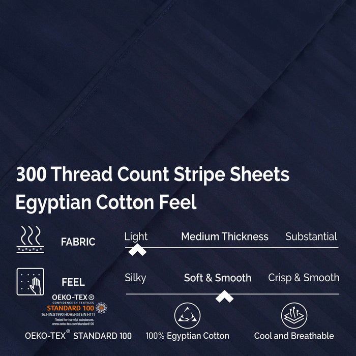 Egyptian Cotton 300 Thread Count Striped Deep Pocket Sheet Set - Navy Blue