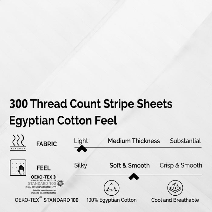 Egyptian Cotton 300 Thread Count Striped Deep Pocket Sheet Set - White