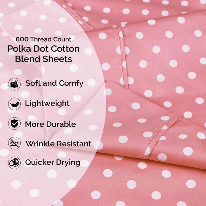 Polka Dot 600 Thread Count Cotton Blend Deep Pocket Sheet Set - Pink