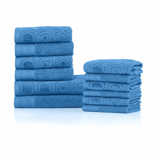 Machias Honeycomb Pattern 100% Combed Cotton Jacquard and Solid Combo 12-Pieces Towel Set, 2 Bath, 4 Hand, 6 Face-Towel Set-Blue Nile Mills