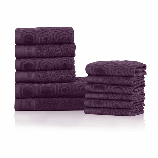 Machias Honeycomb Pattern 100% Combed Cotton Jacquard and Solid Combo 12-Pieces Towel Set, 2 Bath, 4 Hand, 6 Face - BlackberryWine