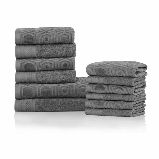 Machias Honeycomb Pattern 100% Combed Cotton Jacquard and Solid Combo 12-Pieces Towel Set, 2 Bath, 4 Hand, 6 Face - Gunmetal