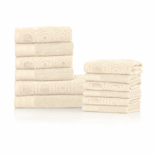 Machias Honeycomb Pattern 100% Combed Cotton Jacquard and Solid Combo 12-Pieces Towel Set, 2 Bath, 4 Hand, 6 Face - Ivory