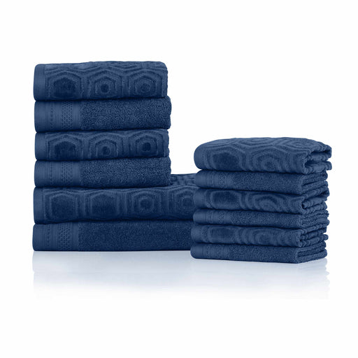 Machias Honeycomb Pattern 100% Combed Cotton Jacquard and Solid Combo 12-Pieces Towel Set, 2 Bath, 4 Hand, 6 Face - Navy Blue