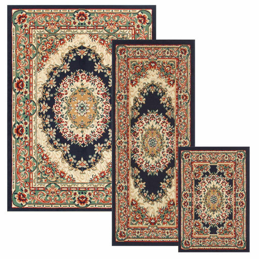 Tayana Indoor Area Rug, Floral, French Aubusson Design, Vintage, 3-Pieces - Midnight Blue
