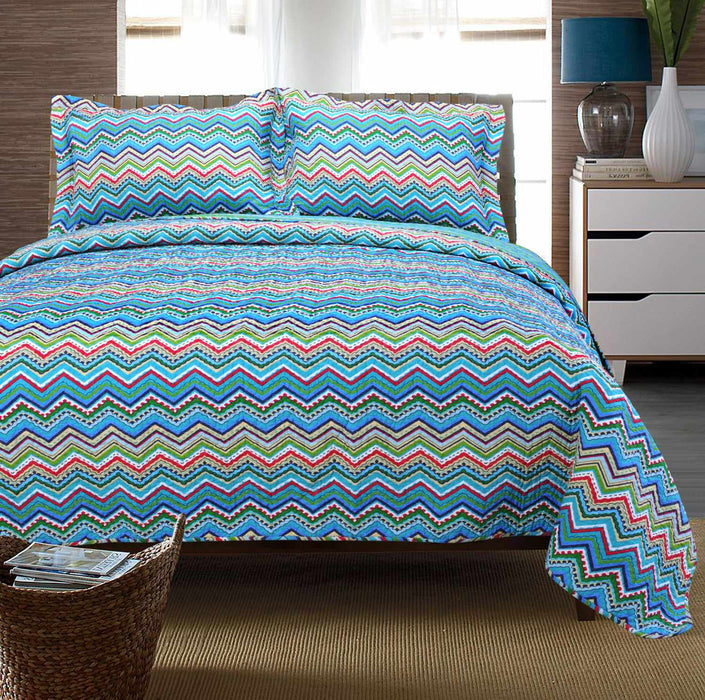 ZIGZAG Quilt Set, 100% Soft Cotton, Hippie Design, 3-Piece Set-Quilt Sets-Blue Nile Mills