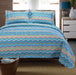 ZIGZAG Quilt Set, 100% Soft Cotton, Hippie Design, 3-Piece Set - Blue